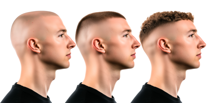 profile of young man with different balding state; concept of testosterone, hairdresser, coiffure; head & shoulder isolated over transparent (white) background