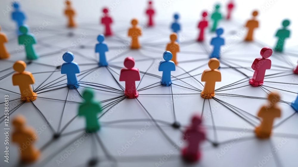 Poster diverse colorful figures connected by networks representing a globalized community concept on an abs