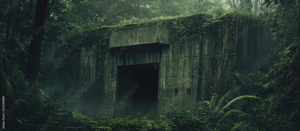 Poster mature wartime bunker structure covered in lush green foliage nestled in a dense forest with atmosph