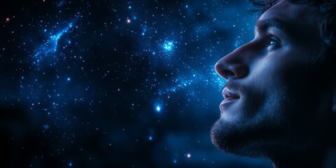 Profile of a man looking up, admiring the immensity of the universe and its bright stars