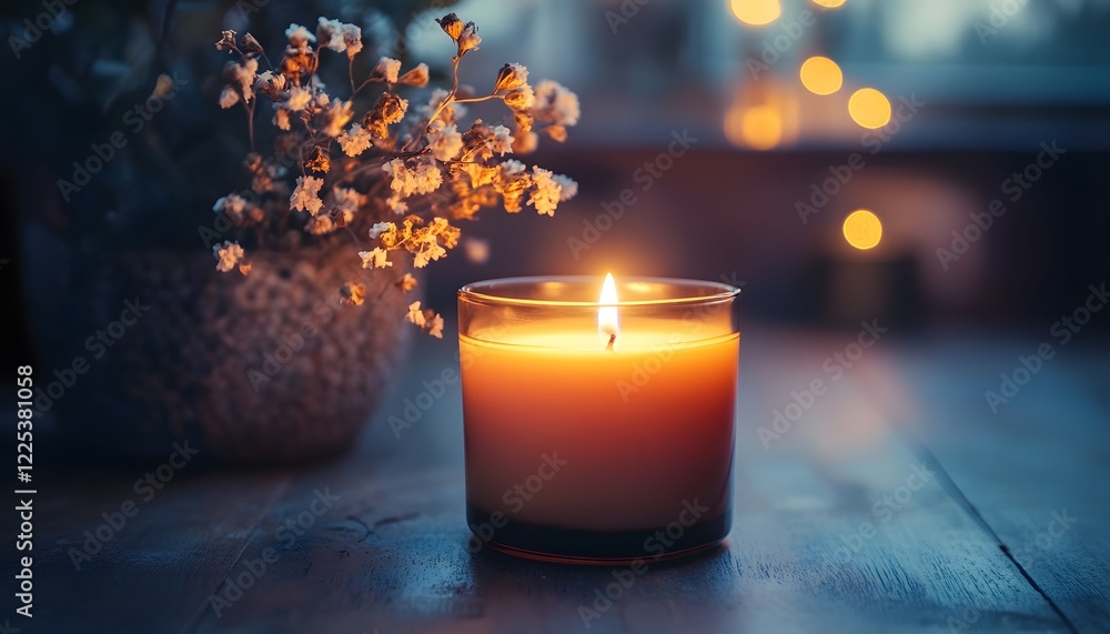 Poster serenity and warmth from a lit candle with flowers in background