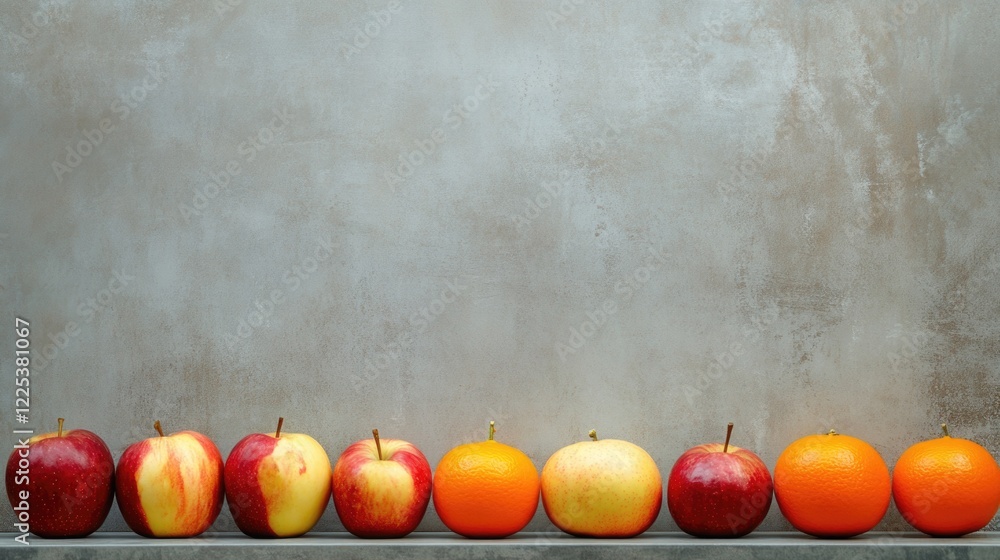 Poster fresh apples and oranges displayed in an indoor market setting with neutral wall background and copy