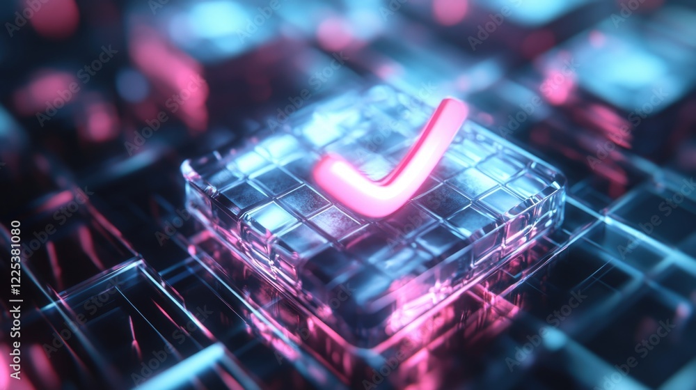 Poster digital abstract security approval with glowing neon checkmark on transparent grid background in pin