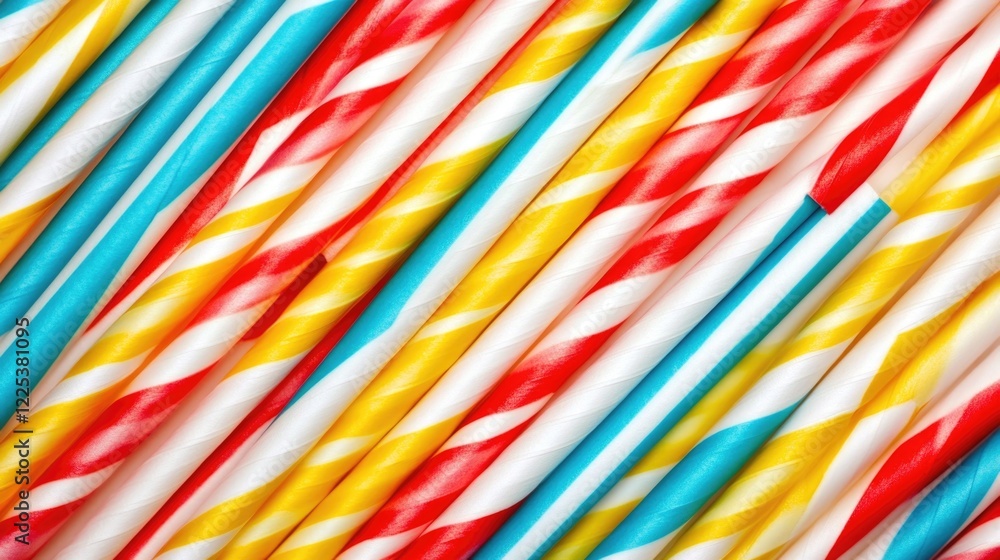 Poster vibrant array of colorful striped paper straws in red yellow and blue on clean white background with