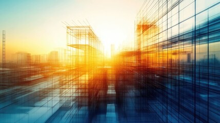 Futuristic Urban Development with Architectural Blueprint at Sunset with Warm Orange and Cool Blue Tones in a City Skyline Background
