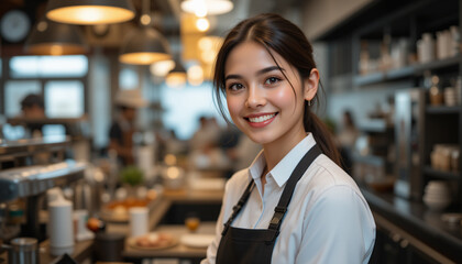 Smiling waitress woman at work serving customers in a restaurant with friendly service. Waiters Day