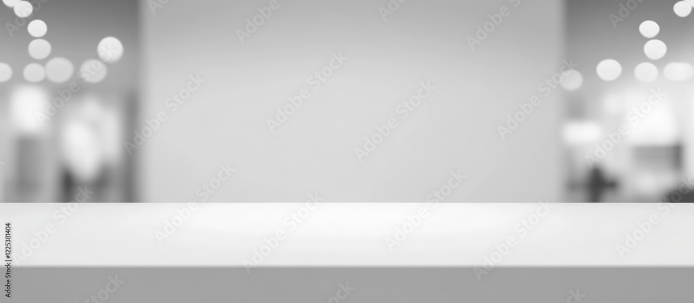 Poster blurred white background with soft glowing lights for minimalist product display featuring ample cop