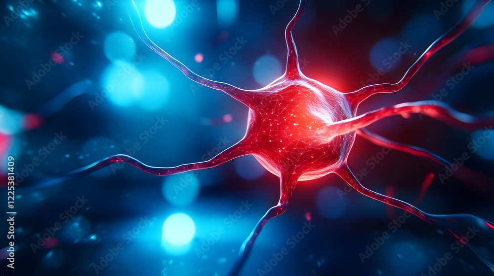 Poster a vibrant depiction of a neuron with glowing connections, showcasing the complexity of neural networ
