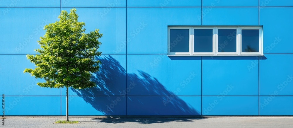 Aufkleber bright blue building facade featuring modern insulated wall cladding with a single window and leafy 