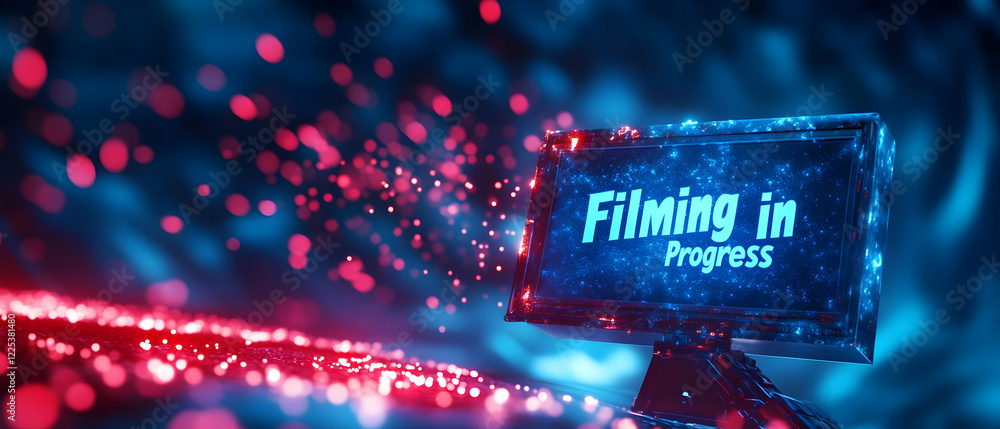 Poster a vibrant digital display indicates a filming session in progress, surrounded by dynamic colorful li