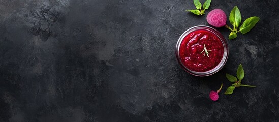 Beetroot Caraway and Horseradish Relish in Glass Jar Surrounded by Fresh Green Herbs on Dark Slate Background with Empty Space for Text