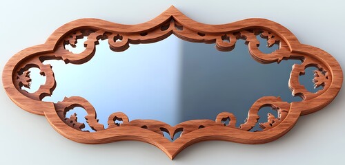 Exquisite wooden mirror with an intricate border, reflecting calm evening ambiance