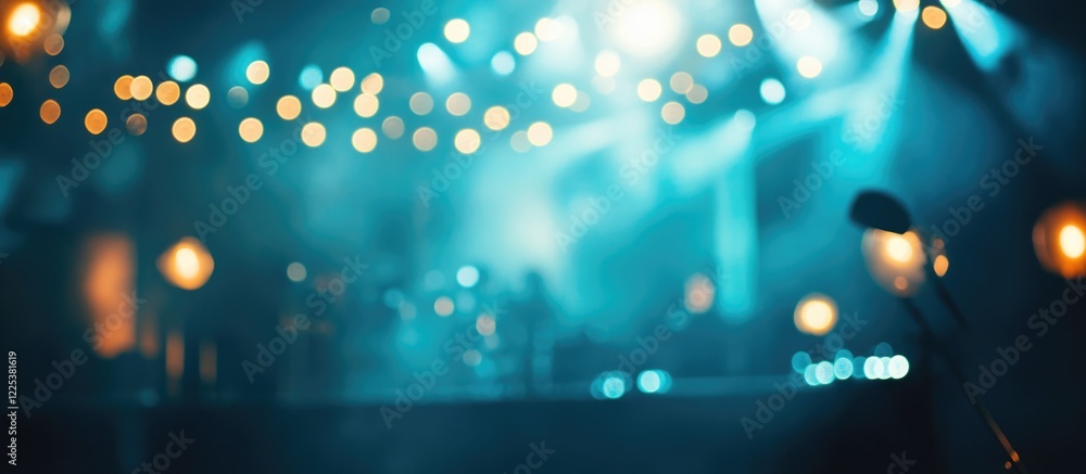 Poster stylish blurred club stage backdrop with colorful lights and atmospheric smoke creating a nightlife 