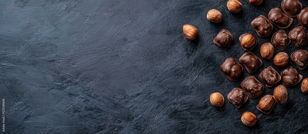 Poster delicious dark chocolate hazelnut pralines arranged on a dark textured surface with ample empty spac