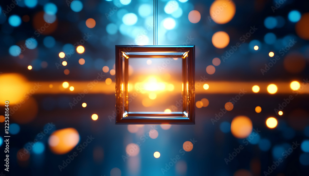 Poster a vibrant display of glowing particles surrounding a luminous cube, symbolizing innovation and creat
