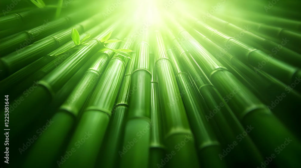 Poster a vibrant display of green bamboo stalks illuminated by soft sunlight, creating a serene and tranqui