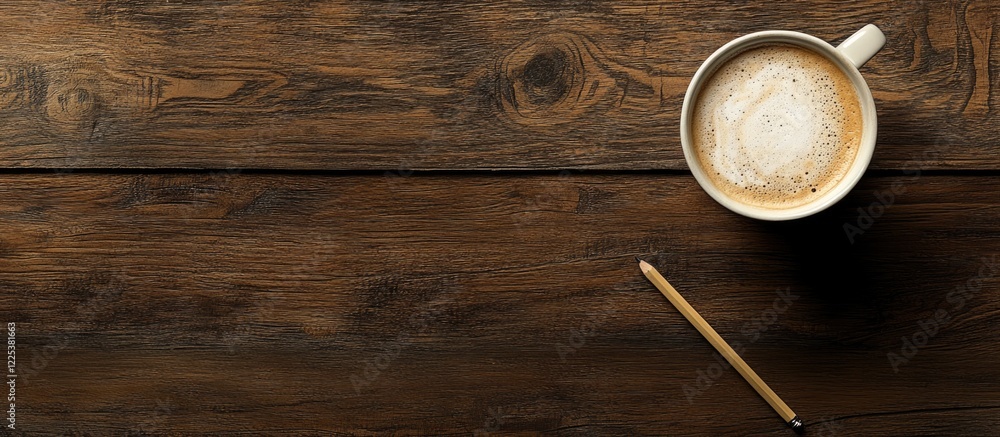 Poster cappuccino cup with foam and pencil on dark wooden table top view with empty space for text and warm