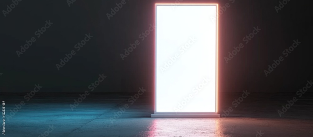 Poster illuminated white neon light advertising display stand with copyspace for text on dark background in