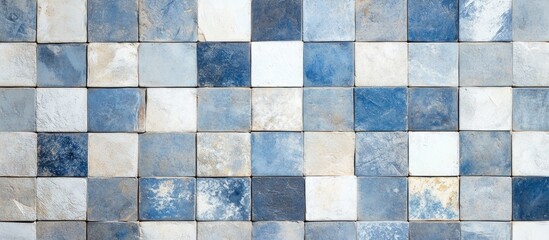 Fototapeta premium Vintage Blue Gray White Cream Sand Geometric Grunge Porcelain Tile Texture Background with Mosaic Design and Copyspace for Text