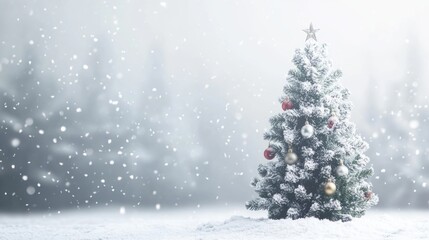 Snowy Christmas Scene with Decorated Evergreen Tree and Soft Falling Snowflakes in Winter Wonderland Landscape and Copy Space for Text