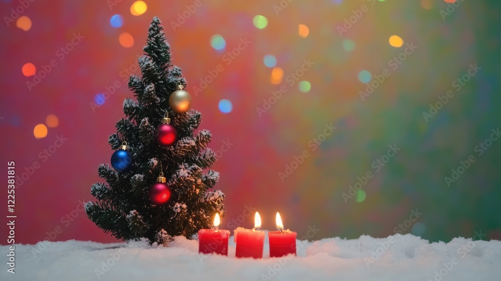 Poster christmas tree decorated with colorful baubles and lit candles surrounded by fresh snow with vibrant