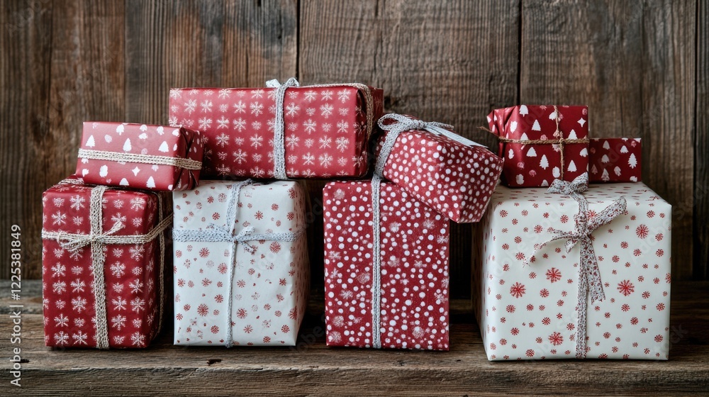 Poster christmas gifts and presents in red and white wrapping on rustic wooden background with copy space f