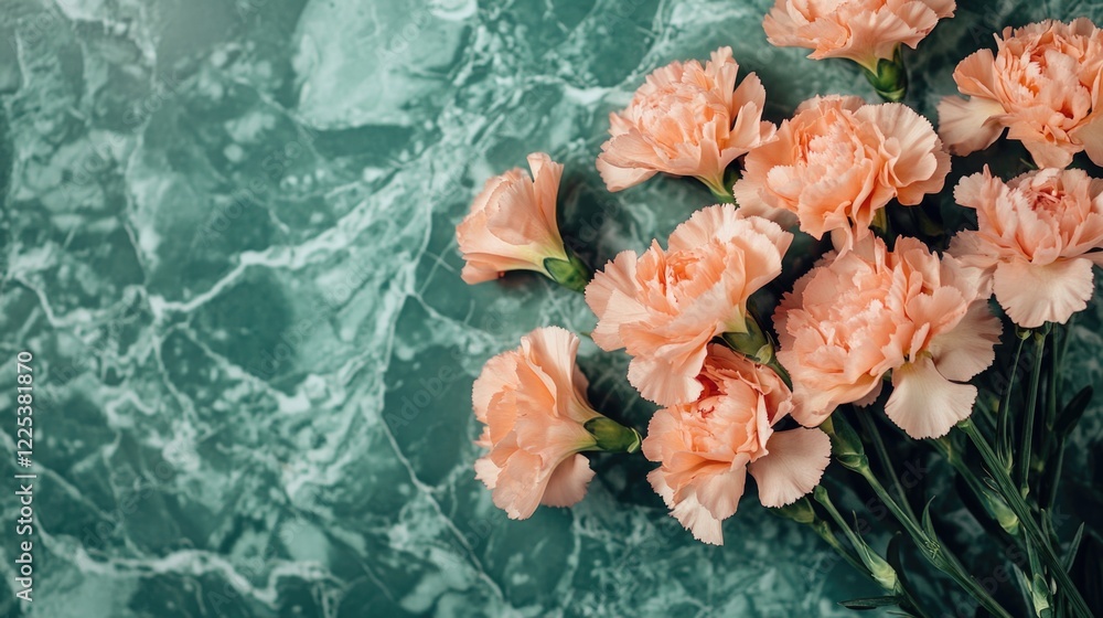 Poster bouquet of soft peach carnation flowers arranged on a luxurious green marbled background with ample 