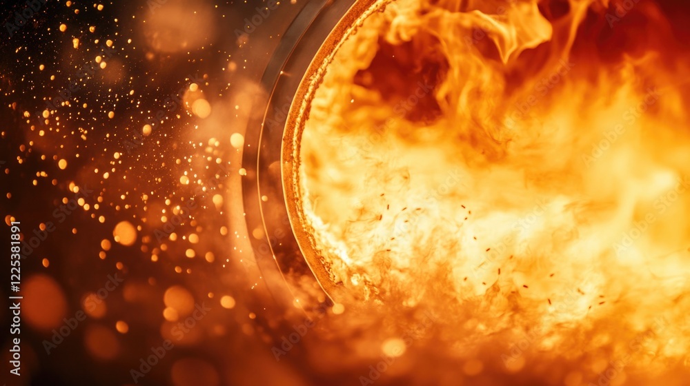 Poster close-up of intense orange flames and sparks in a rocket firing chamber during a launch test with da
