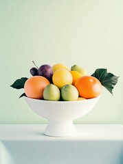 Fresh colorful fruits in a decorative bowl on a light green background, showcasing seasonal bounty and vibrant hues for healthy living and nutrition