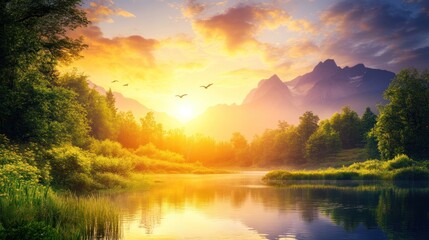 Obraz premium Serene Sunrise Over Mountain Lake And Forest