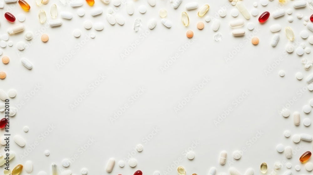 Poster diverse alternative medicine pills and capsules in various colors on a white background with ample e