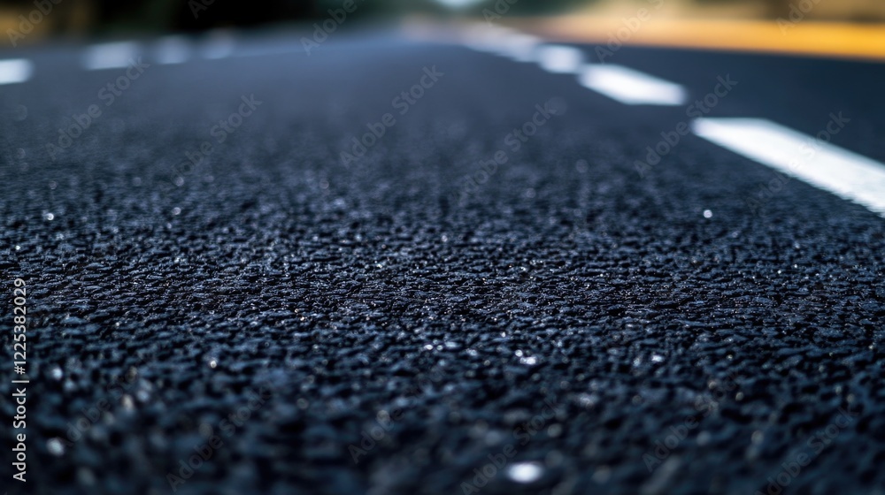 Poster close-up view of textured black asphalt road surface with white lane markings and empty space for te