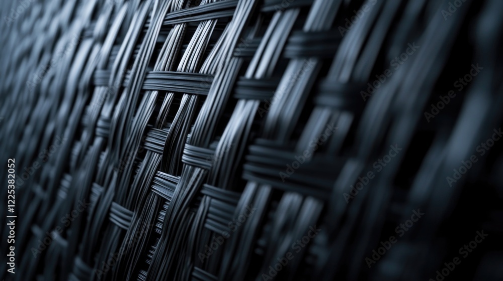 Poster close up of textured black rattan wicker panel created from natural reed fibers with soft shadows an