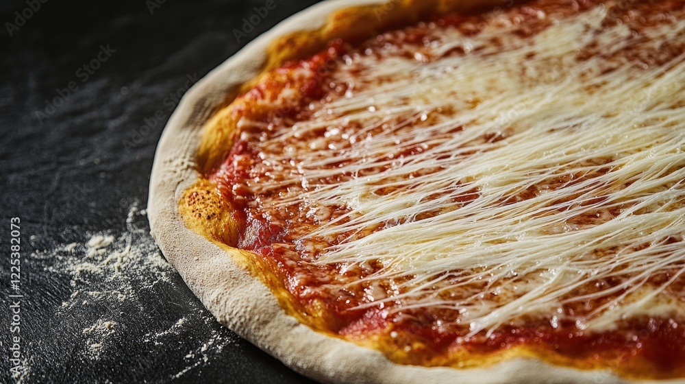 Poster melting string cheese pizza close-up on dark slate background with vibrant red tomato sauce and empt