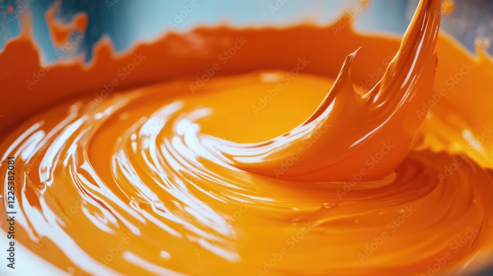 Poster close-up of industrial paint mixing machine blending vibrant orange paint with smooth texture in met