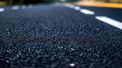 Close-up view of textured black asphalt road surface with white lane markings and empty space for text in urban setting.