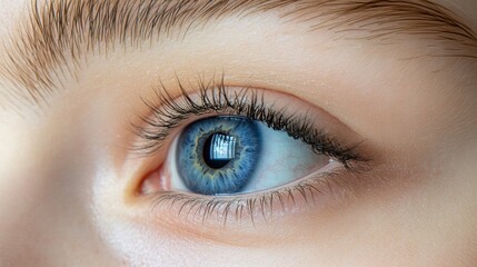 Obraz premium Close-up of striking blue human eye with detailed eyelashes against a soft neutral background, ideal for product advertising and marketing materials.