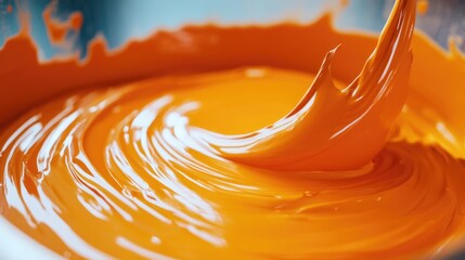 Close-up of industrial paint mixing machine blending vibrant orange paint with smooth texture in metal container and empty space for text above