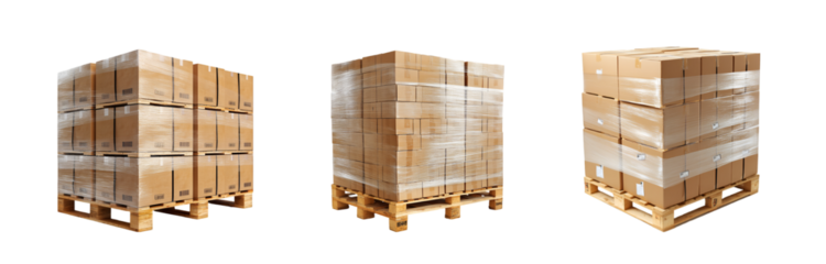 Stacked cardboard boxes on wooden pallets on a transparent background