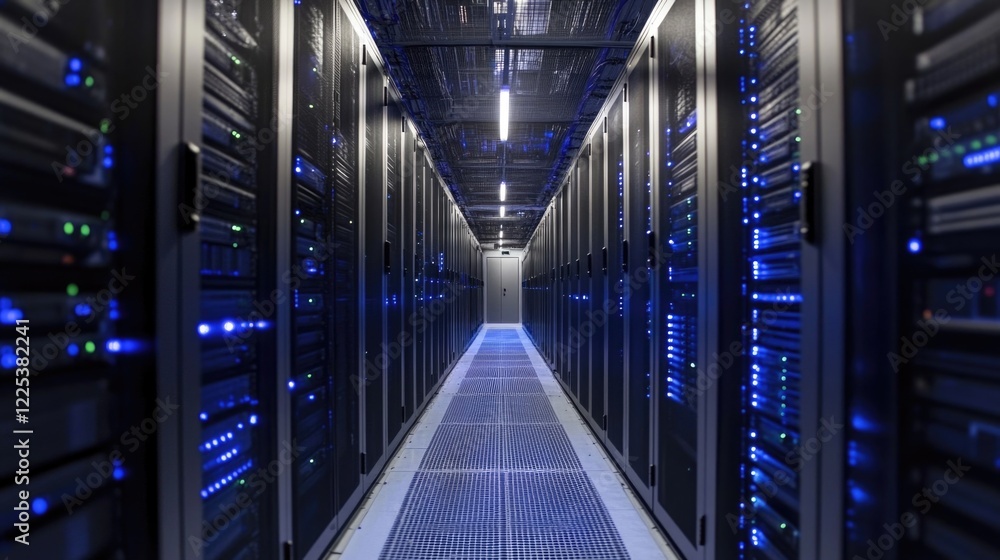 Poster modern data center with cloud computing servers and blue led lights in a high-tech network environme