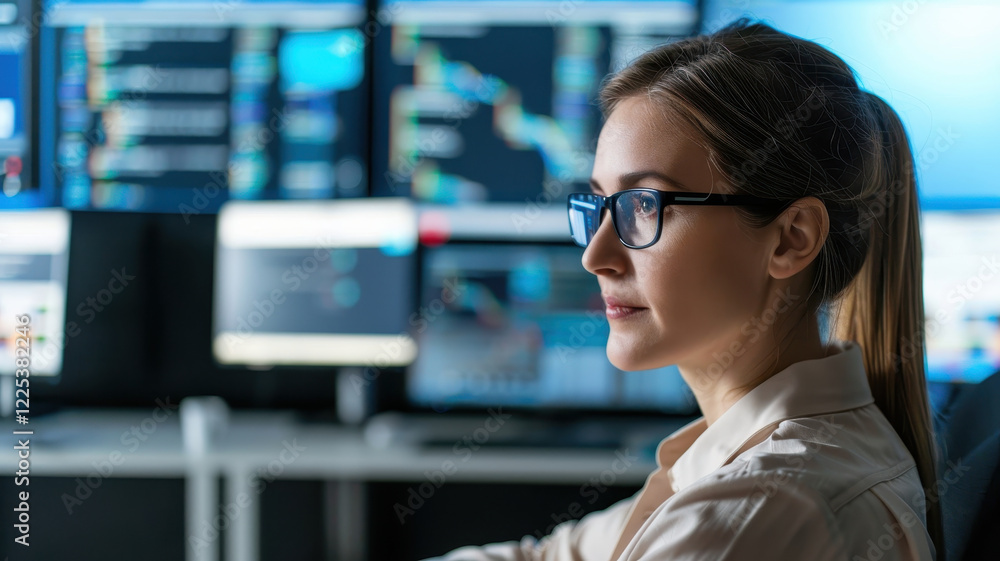 Poster focused woman in glasses works at computer with multiple screens displaying data in modern office