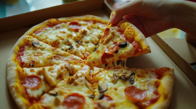 Colleagues enjoying pizza at home office gathering in cozy ambiance with slice being taken from pizza box showcasing delicious toppings and cheese