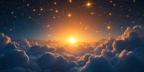 Fototapeta premium A breathtaking vista of a sunrise breaking through a layer of fluffy clouds, with a vibrant starry night sky above