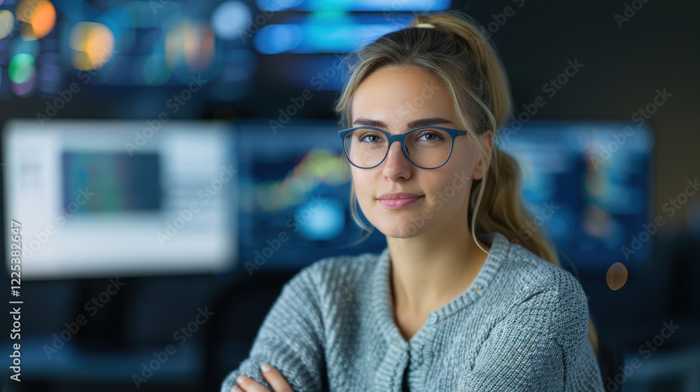 Poster woman in glasses confidently works in tech environment with multiple screens displaying data and gra