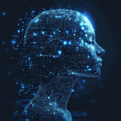 A profile of a futuristic human figure with binary data overlay, symbolizing technology, AI, and digital innovation, perfect for tech-related themes.