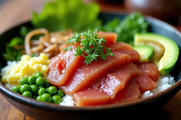 Fresh tuna sashimi bowl with rice, avocado, peas, corn, and greens, garnished with parsley