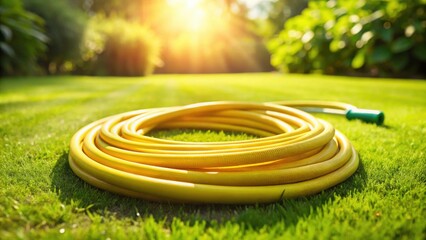 A bright yellow garden hose rests on lush green grass, bathed in the warm glow of the setting sun, ready for watering