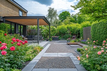 Obraz premium Stunning contemporary garden showcasing a gravel patio, wooden pergola, and vibrant rose bushes, creating a tranquil outdoor space