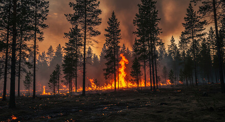Fiery Forest Inferno: Wildfire Engulfs Pine Trees at Sunset