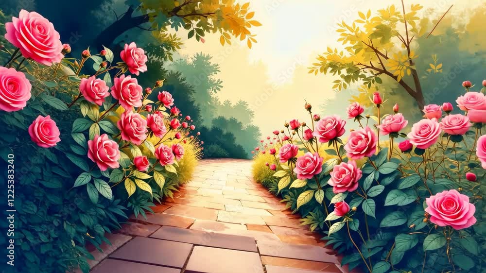 Poster A path with a row of pink roses on either side. The roses are in full bloom and are arranged in a way that they are evenly spaced along the path